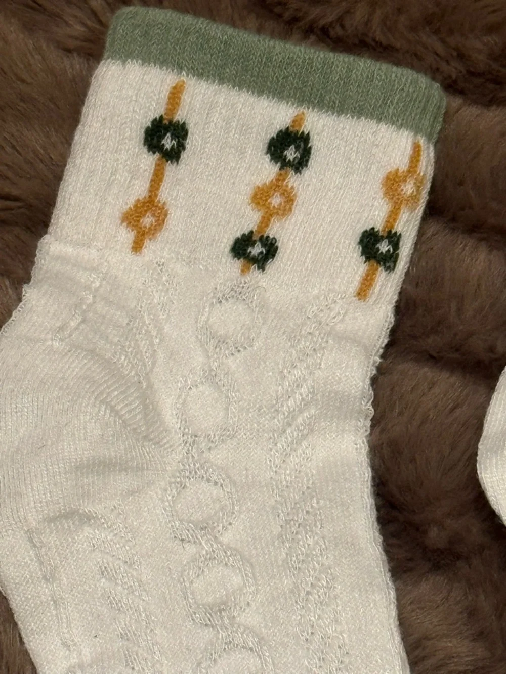 Women’s White and Floral Crew Socks with Green Trim - OS
